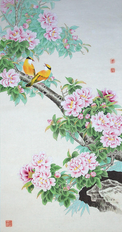 475x900 Pink Peonies With Two Birds Painting By Mingda Ma - Two Birds Painting