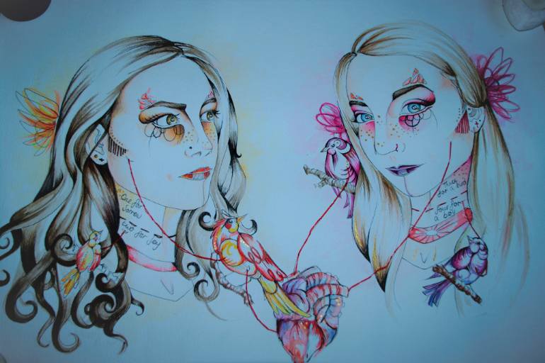 770x512 Saatchi Art Two Birds, One Heart Painting By Roisin Dolan - Two Birds Painting