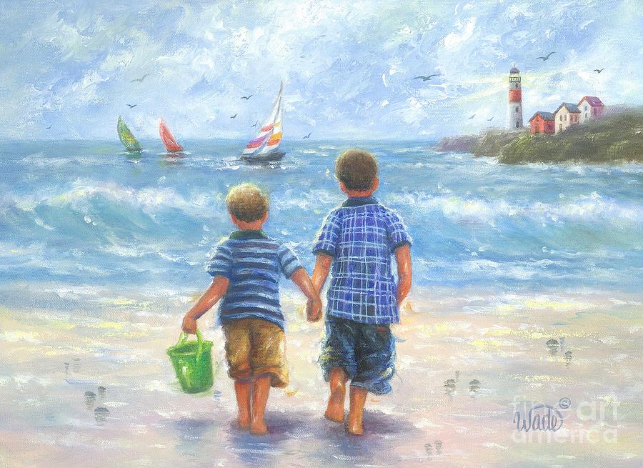 900x655 Two Little Beach Boys Walking Brunette Painting By Vickie Wade - Two Brothers Painting