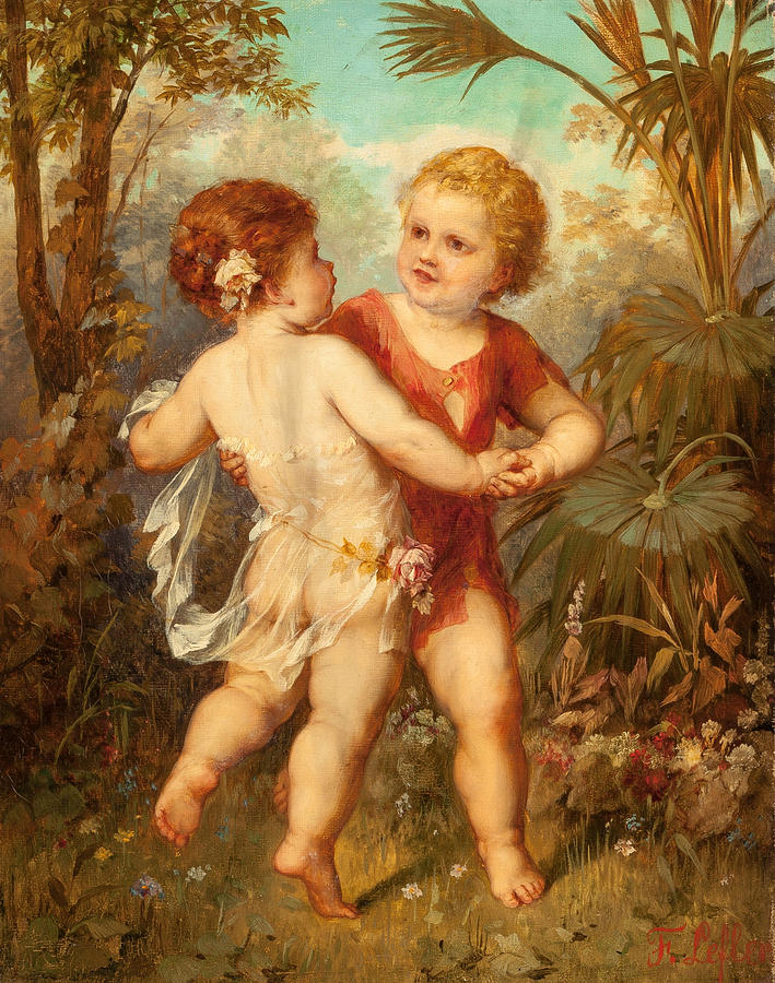 709x900 Two Cherubs Painting By Franz Lefler - Two Cherubs Painting