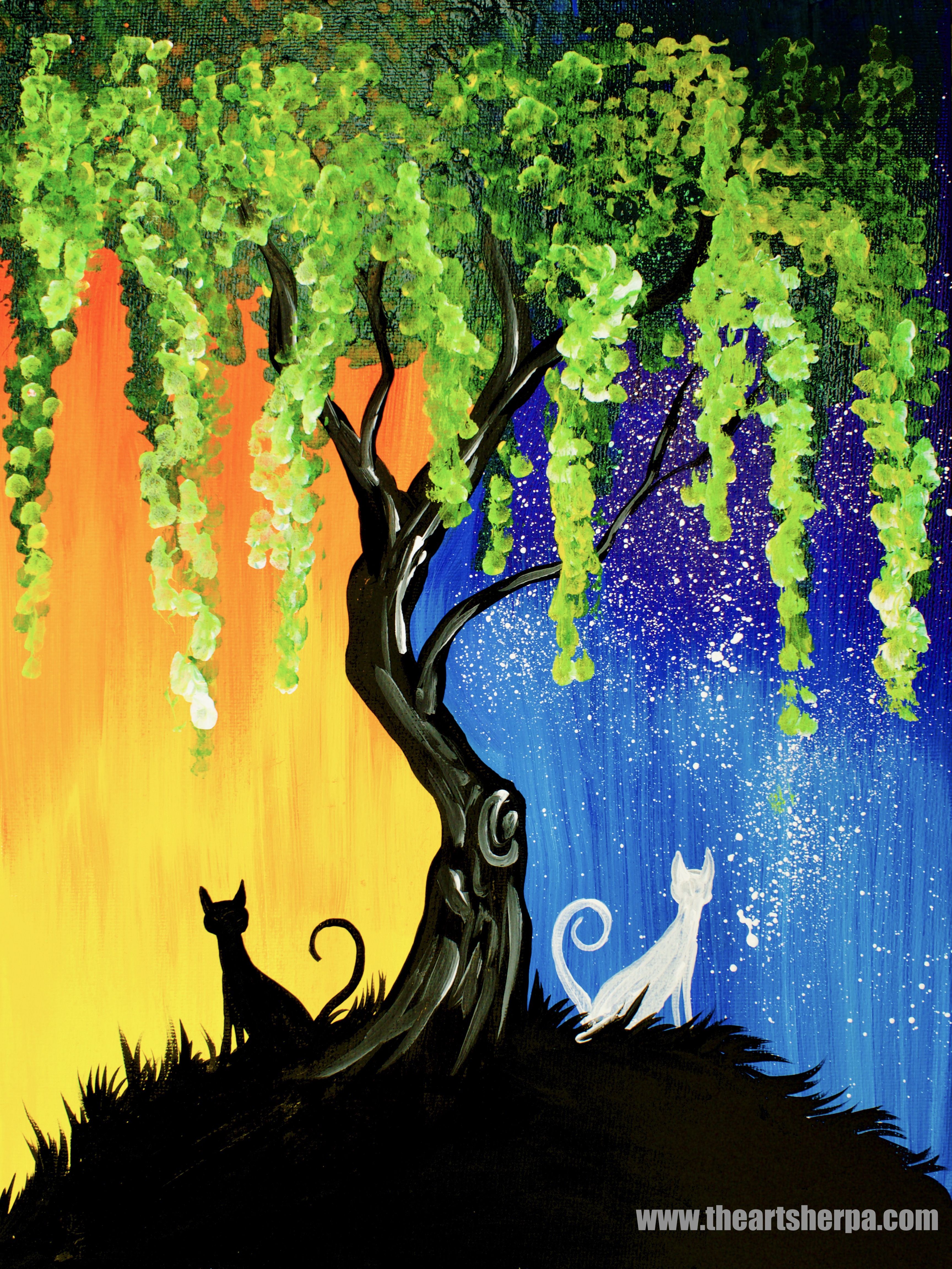 3456x4608 Day And Night Cats Willow Tree Q Tip Acrylic Painting - Two Different Worlds Painting