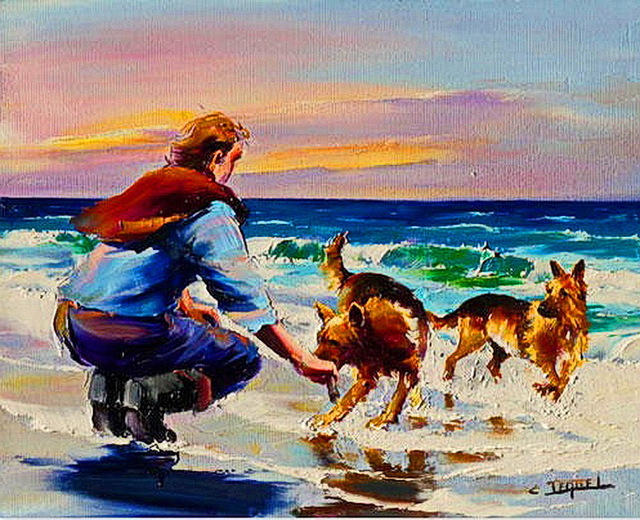 640x520 Handmade Painting Two Dogs And One Man Playing With Together - Two Dogs Painting