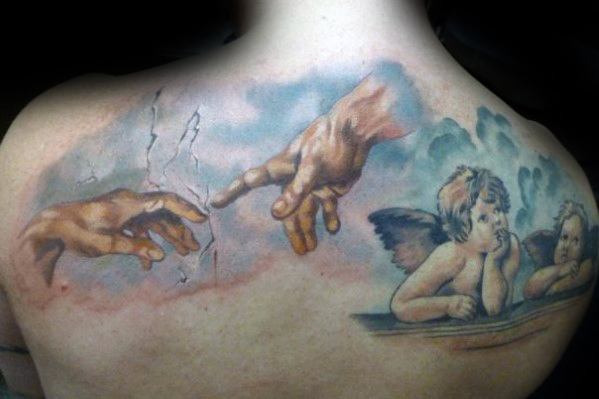 599x399 60 The Creation Of Adam Tattoo Designs For Men - Two Fingers Touching Painting