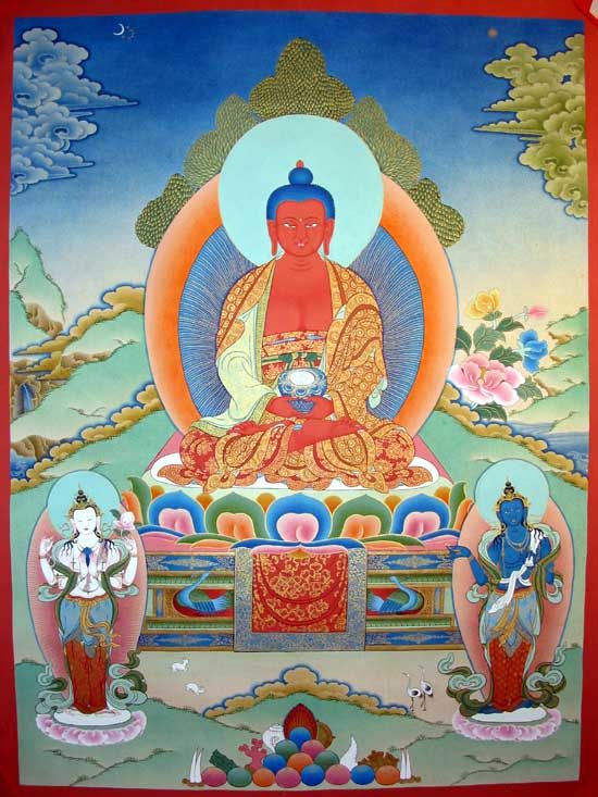 550x733 Buddha Amitabha Usually Depicted Holding An Alms Bowl Between His - Two Fingers Touching Painting