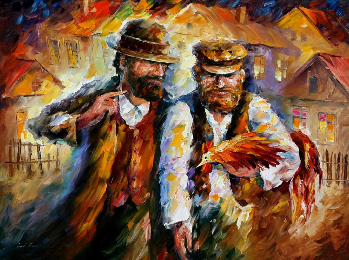 1142x850 Two Friends And Rooster Palette Knife Oil Painting On Canvas By - Two Friends Painting