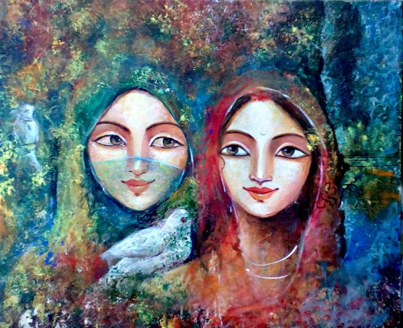800x652 Two Friends By Artist Indrani Acharya Figurative Art Acrylic - Two Friends Painting
