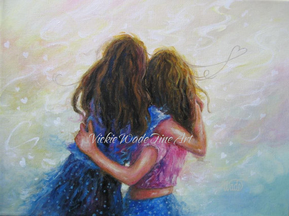 570x426 Two Sisters Art Print Two Girls Wall Art Two Girls Hugging - Two Girls Painting