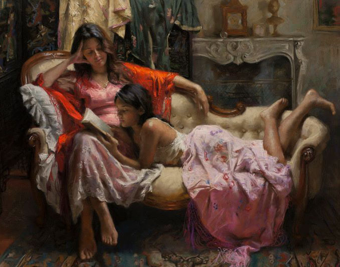 678x533 Two Girls Painting By Vicente - Two Girls Painting
