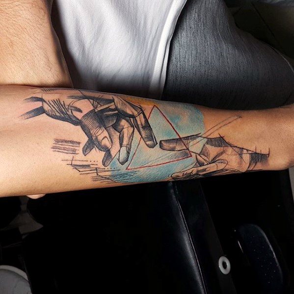 599x599 60 The Creation Of Adam Tattoo Designs For Men - Two Hands Reaching For Each Other Painting
