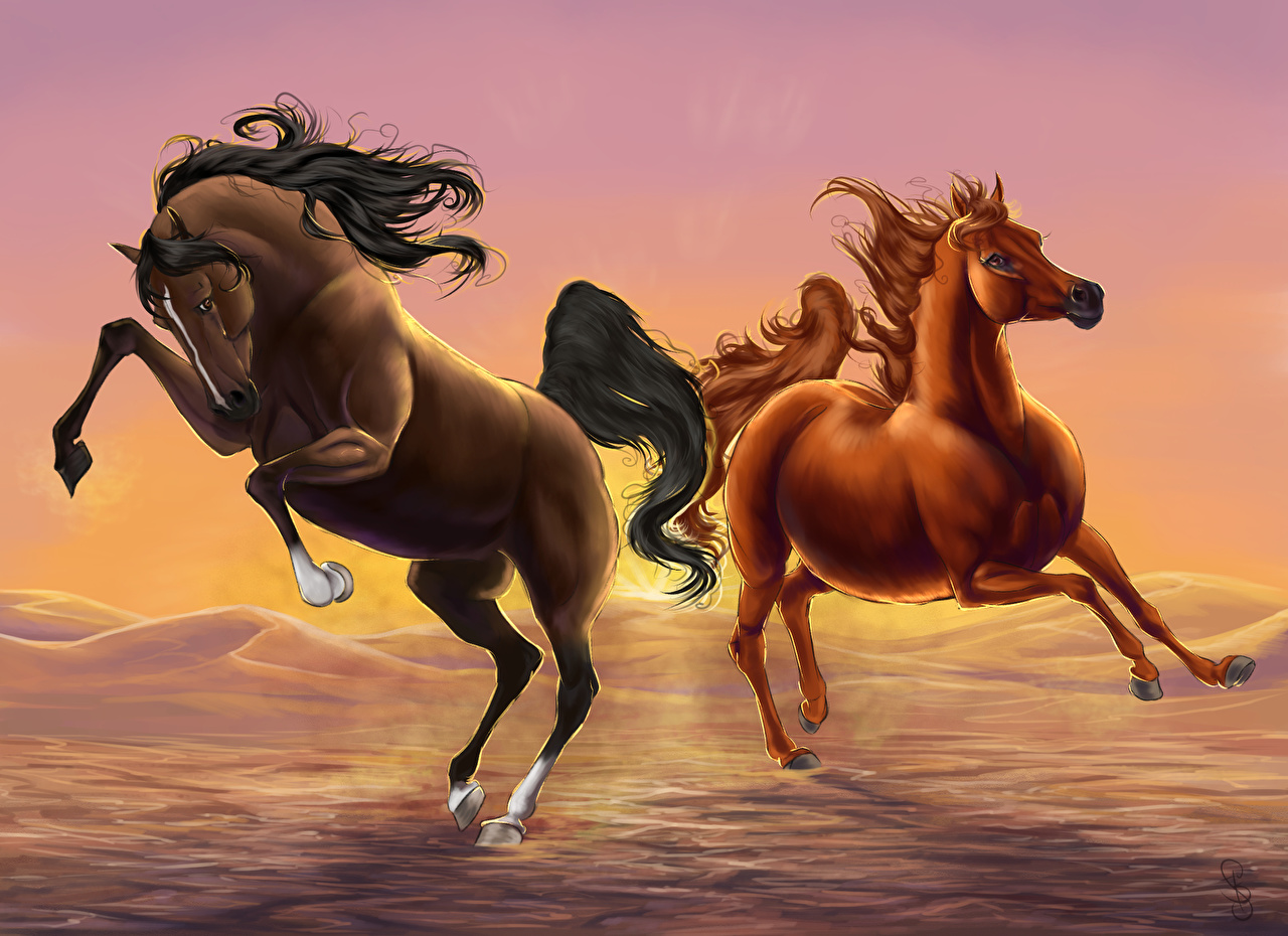 1280x930 Image Horses Running Two Animals Painting Art - Two Horses Painting
