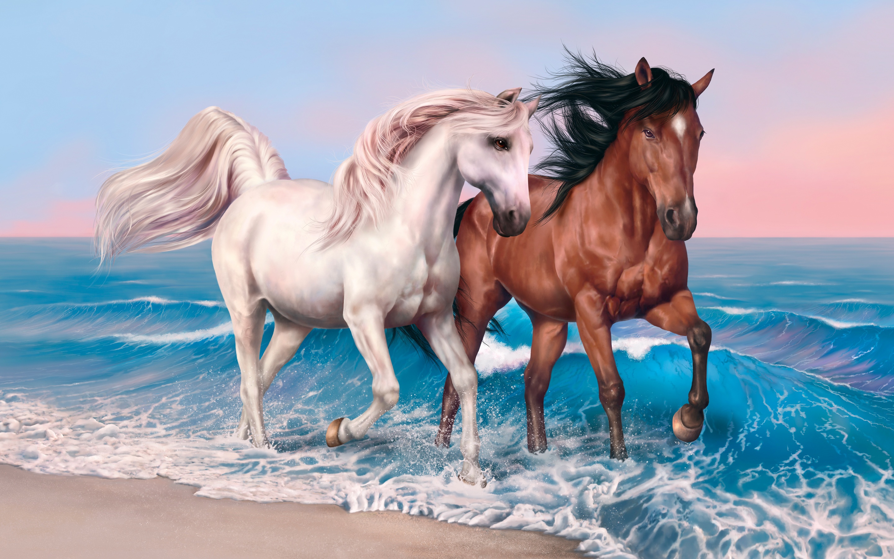2880x1800 Photo Horses Two Water Animals Painting Art 2880x1800 - Two Horses Painting