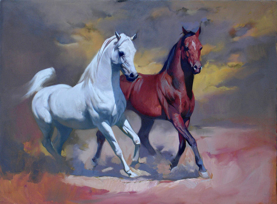 900x662 Two Arabian Horses Painting By Damin Jasim - Two Horses Painting
