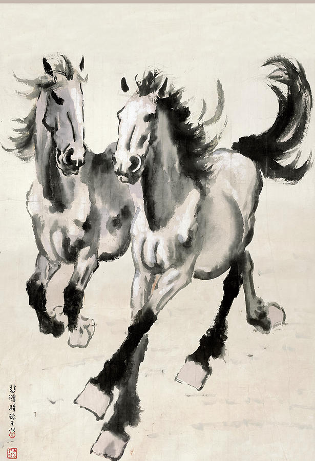 615x900 Two Horses Painting By Xu Beihong - Two Horses Painting