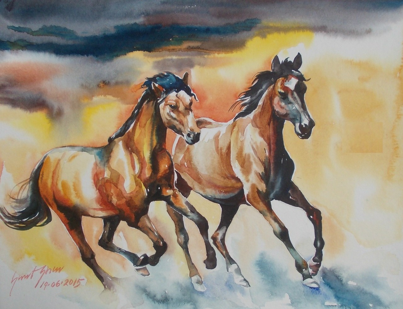 1280x983 Buy Two Horses By Sarat Shaw@ Rs. 3590. Codeart Stsw23 1411 - Two Horses Painting