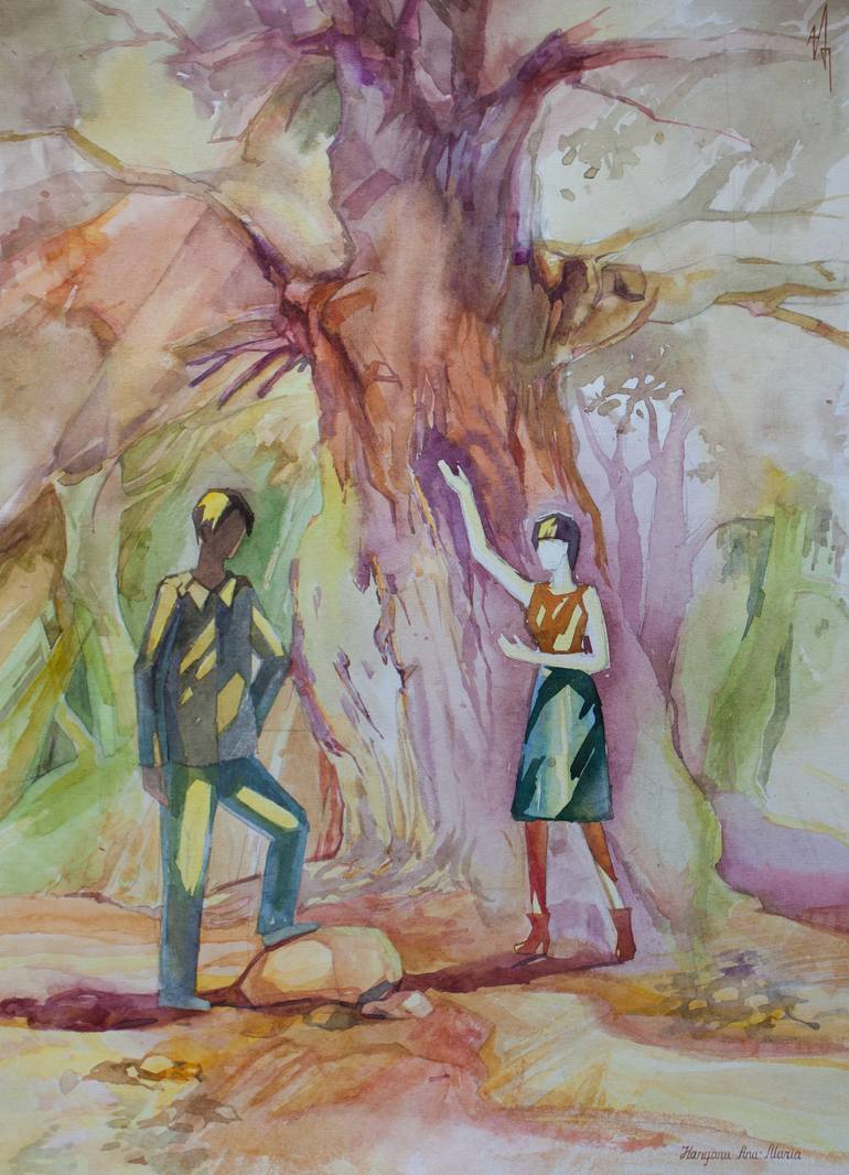 770x1066 Saatchi Art Two Lovers Walk In Park Painting By Ana Maria Hanganu - Two Lovers Painting