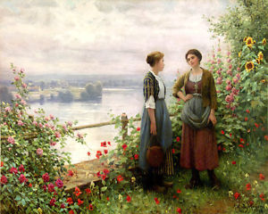 300x240 Two Women Talking In The Garden Flowers Painting By Daniel Ridgway - Two Women In Love Painting