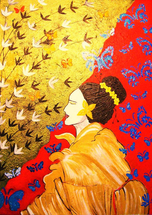 640x900 I Dream Of Wings Painting By Anuradha Mukherji - Uchida Kosaburo Geisha Painting