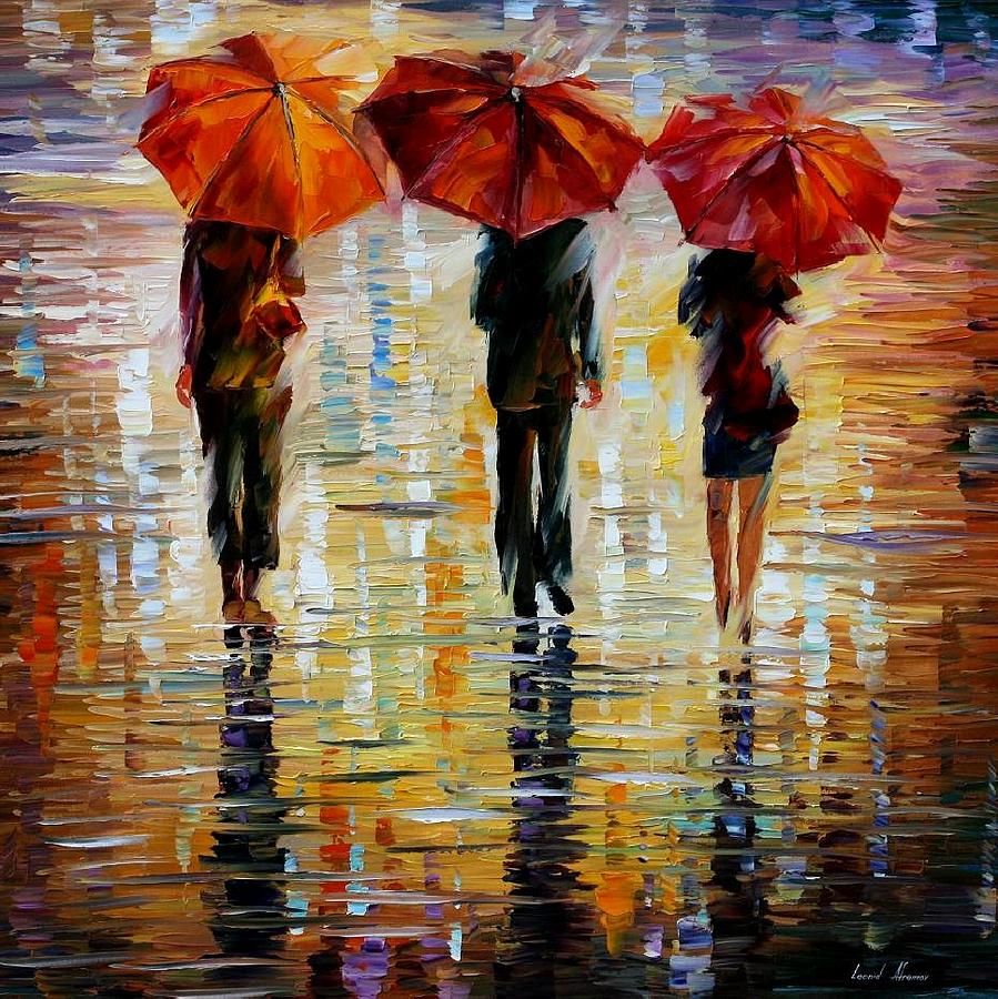899x900 Three Red Umbrella Painting By Leonid Afremov - Umbrella Painting