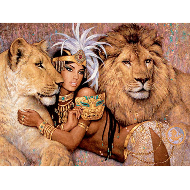 640x640 Lion And Woman Painting Woman In Dress With Lamb Lion Painting - Una And The Lion Painting