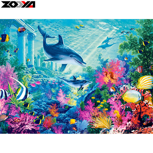 640x640 Zooya Full Square Drill 5d Diy Diamond Embroidery Dolphin Under - Under The Sea Painting