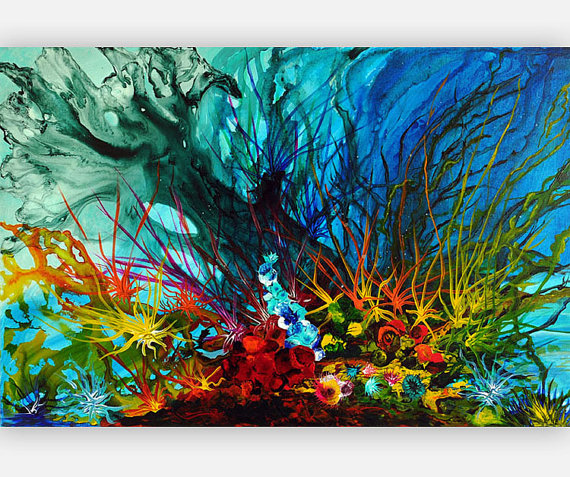 570x477 Abstract Art Print Giclee Print Seascape Painting Coastal Art Blue - Underwater Abstract Painting