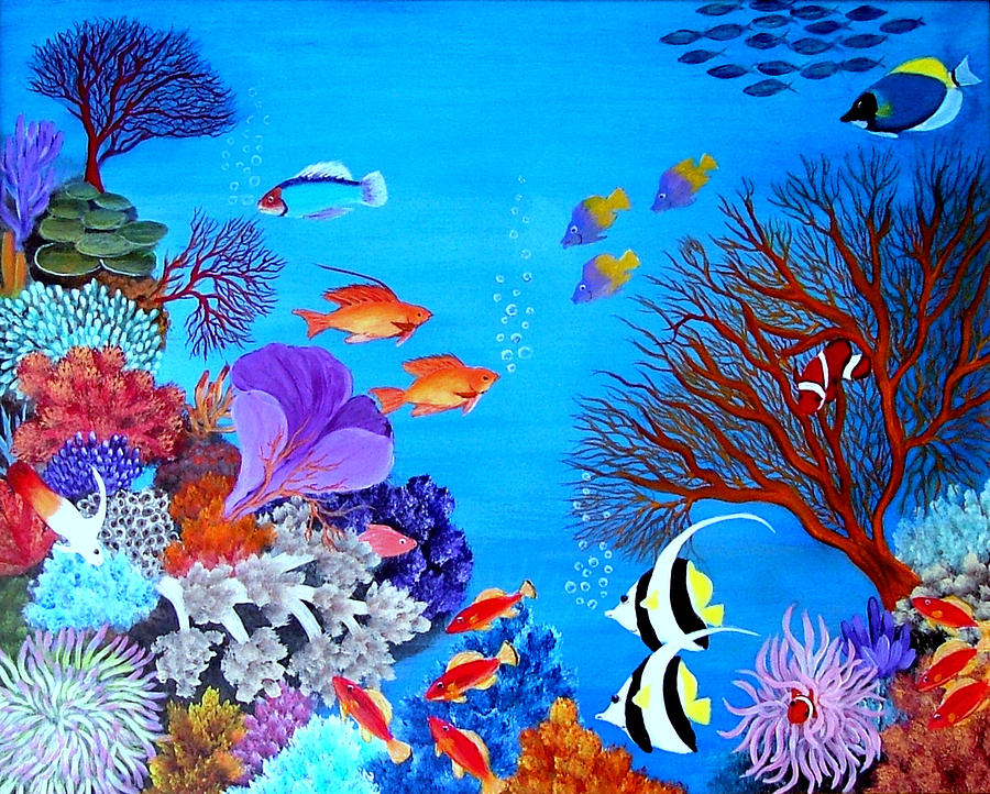 900x722 Coral Garden Painting By Fram Cama - Underwater Coral Painting