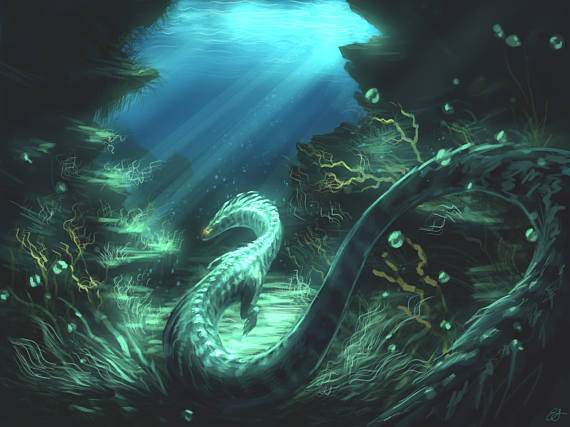 570x427 Underwater Dragon Print Fantasy Landscape Painting - Underwater Landscape Painting