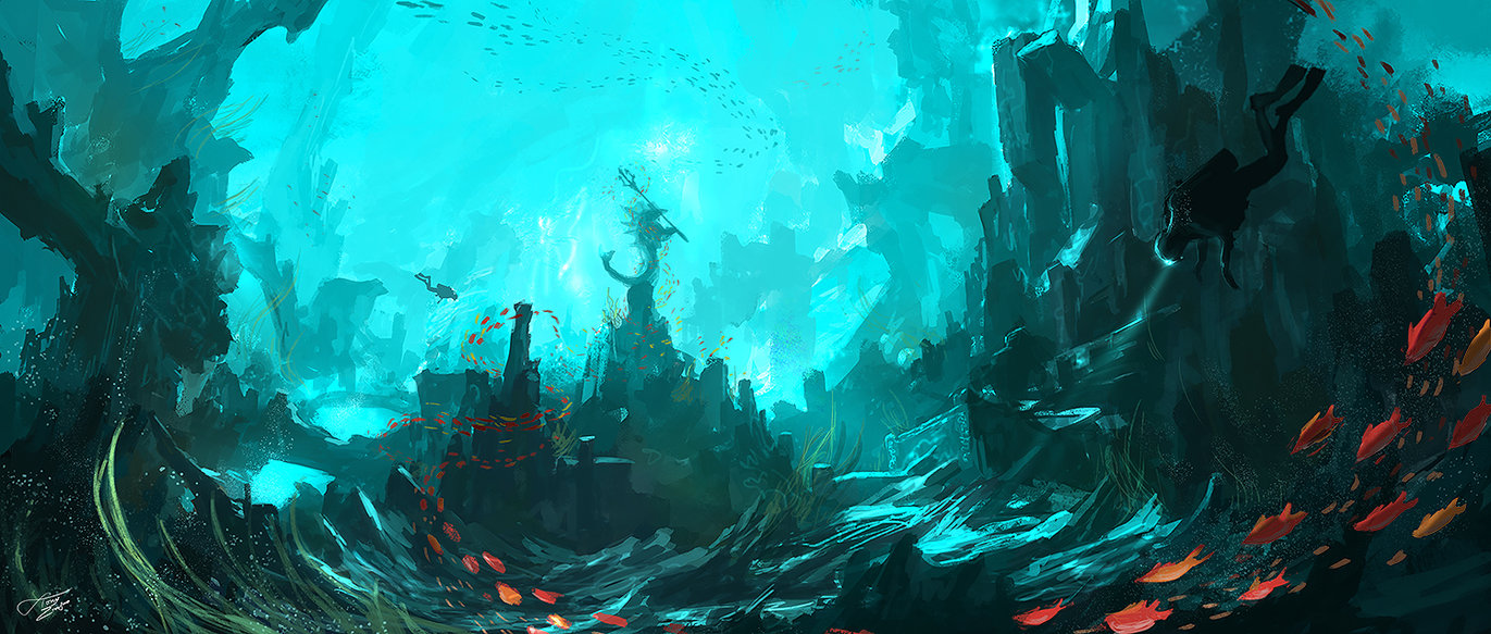 1371x583 Underwater Temple By Tnounsy - Underwater Landscape Painting