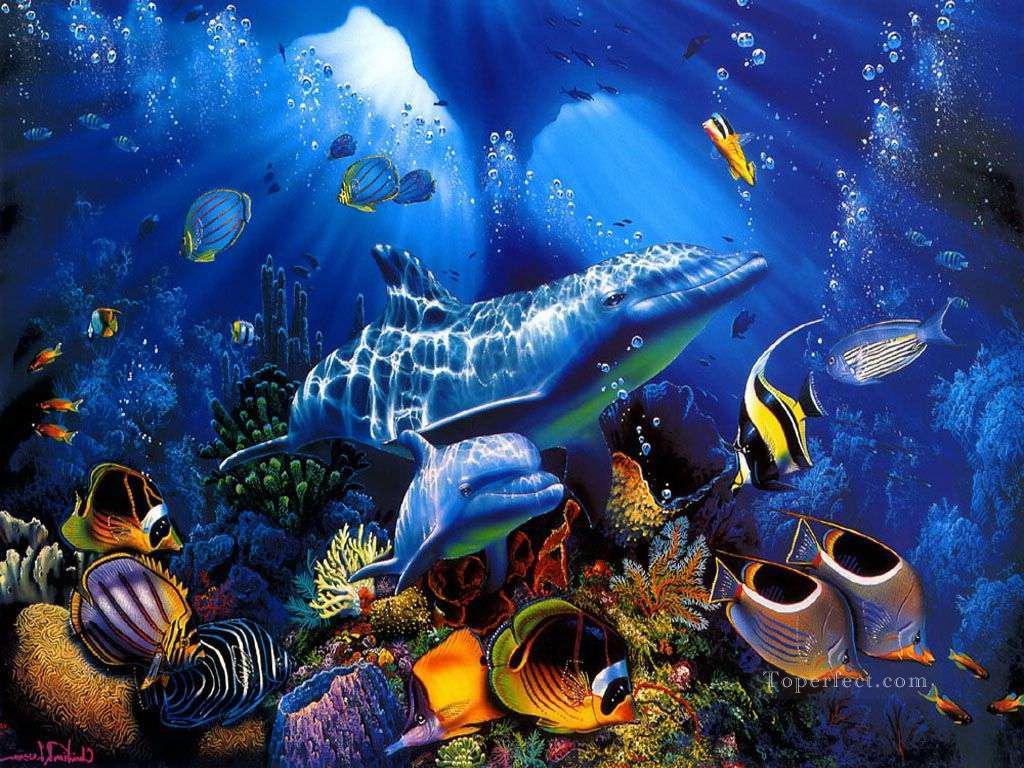1024x768 Dolphin Blue Underwater Landscape Painting - Underwater Landscape Painting