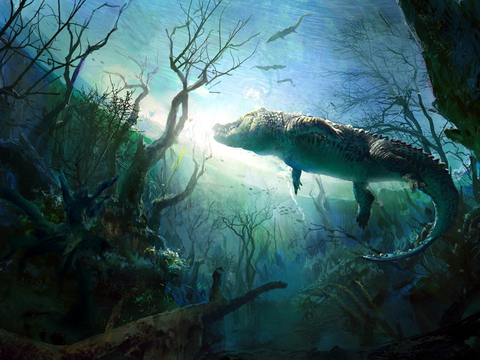 700x525 Crocodile Painting Art Underwater Landscape Animal Huge Giant - Underwater Landscape Painting
