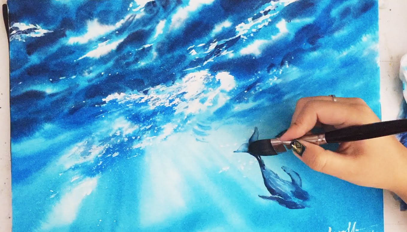 1358x774 Time Lapse Watercolor Underwater Whale By Untamed Little Wolf - Underwater Looking Up Painting