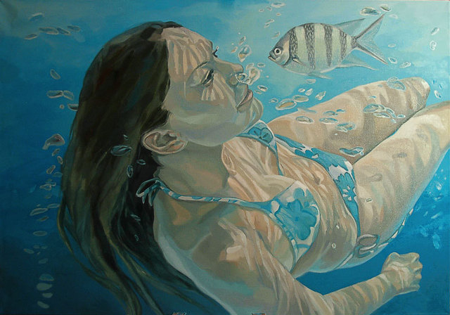 640x448 Milos Milosevic Artwork Underwater Portrait Original Painting - Underwater Oil Painting