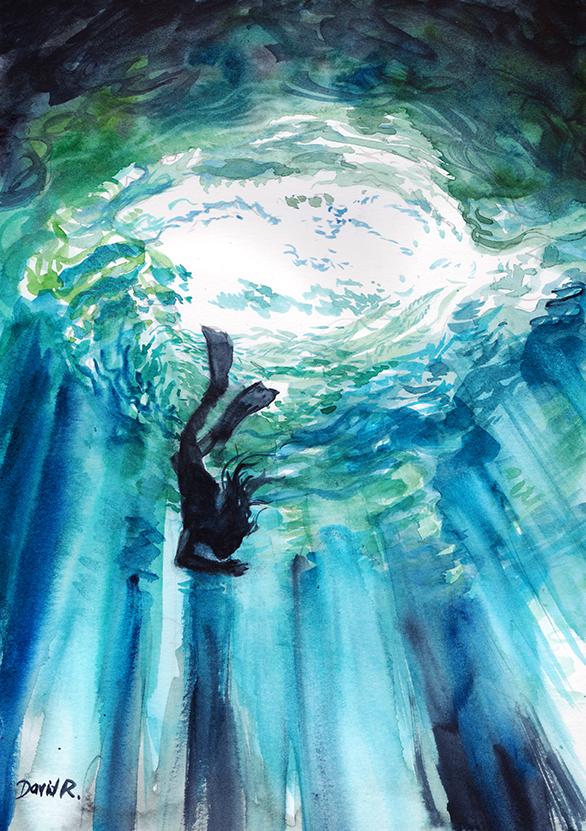586x831 277 Of Just Move Underwater Freediver David Roman Art - Underwater Painting Artist