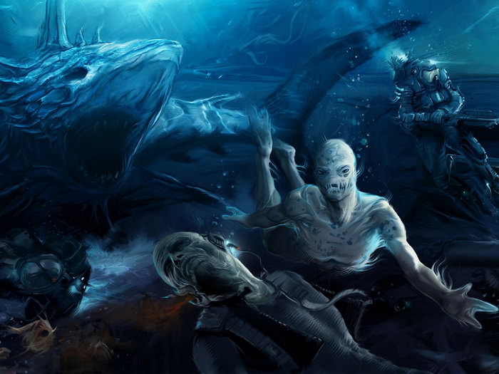 700x525 Sea Monsters Underwater Scary Mermaid Painting Huge Giant Wall - Underwater Painting Mermaid