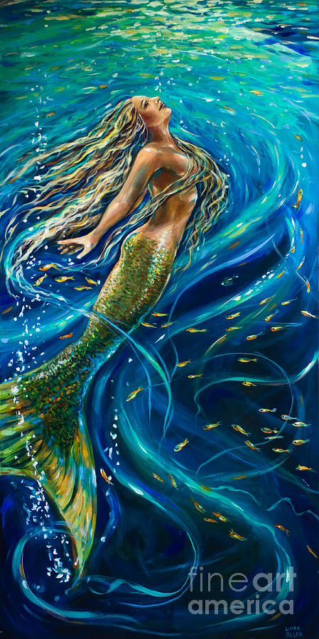 449x900 Swimming To The Surface Painting By Linda Olsen - Underwater Painting Mermaid