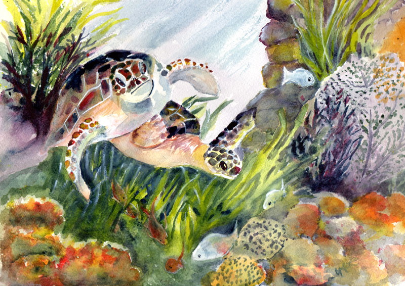800x566 Bunny's Artwork Turtles In Underwater Scene Watercolor Painting - Underwater Painting Watercolor