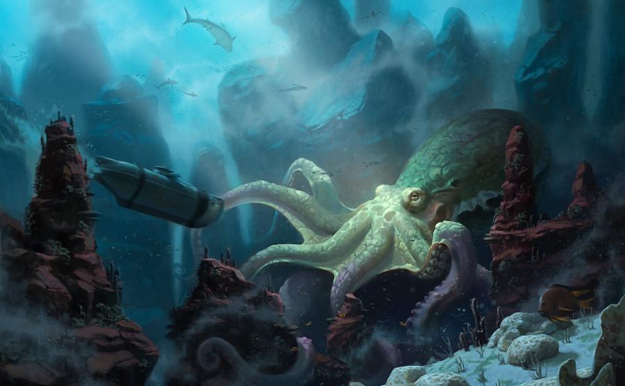 900x555 Painting Of Underwater Scene With Large Octopus - Underwater Scene Painting