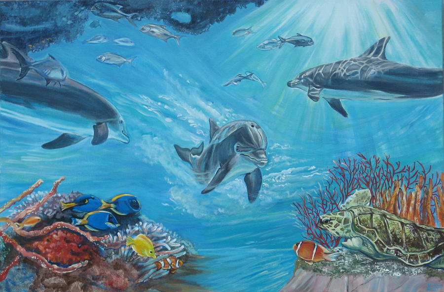 900x593 Underwater Scene With Sea Turtle Painting By Diann Baggett - Underwater Scene Painting