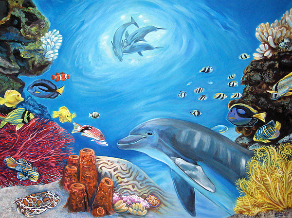 600x449 Dolphin And Crab Painting By Diann Baggett - Underwater Scene Painting