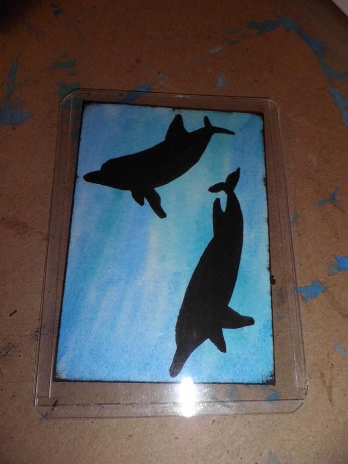 690x919 Original Aceo Watercolor Painting, Underwater Dolphins Silhouette - Underwater Watercolor Painting