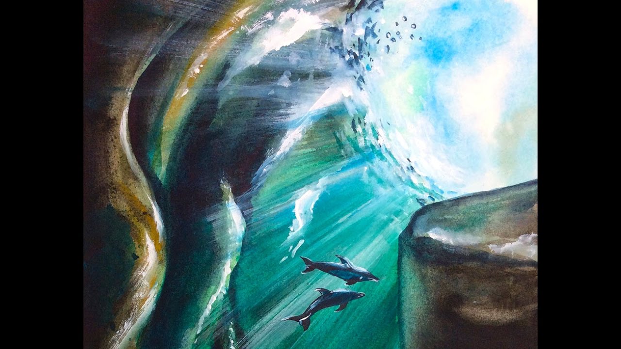 1280x720 Watercolor Underwater Cave Painting Demonstration - Underwater Watercolor Painting