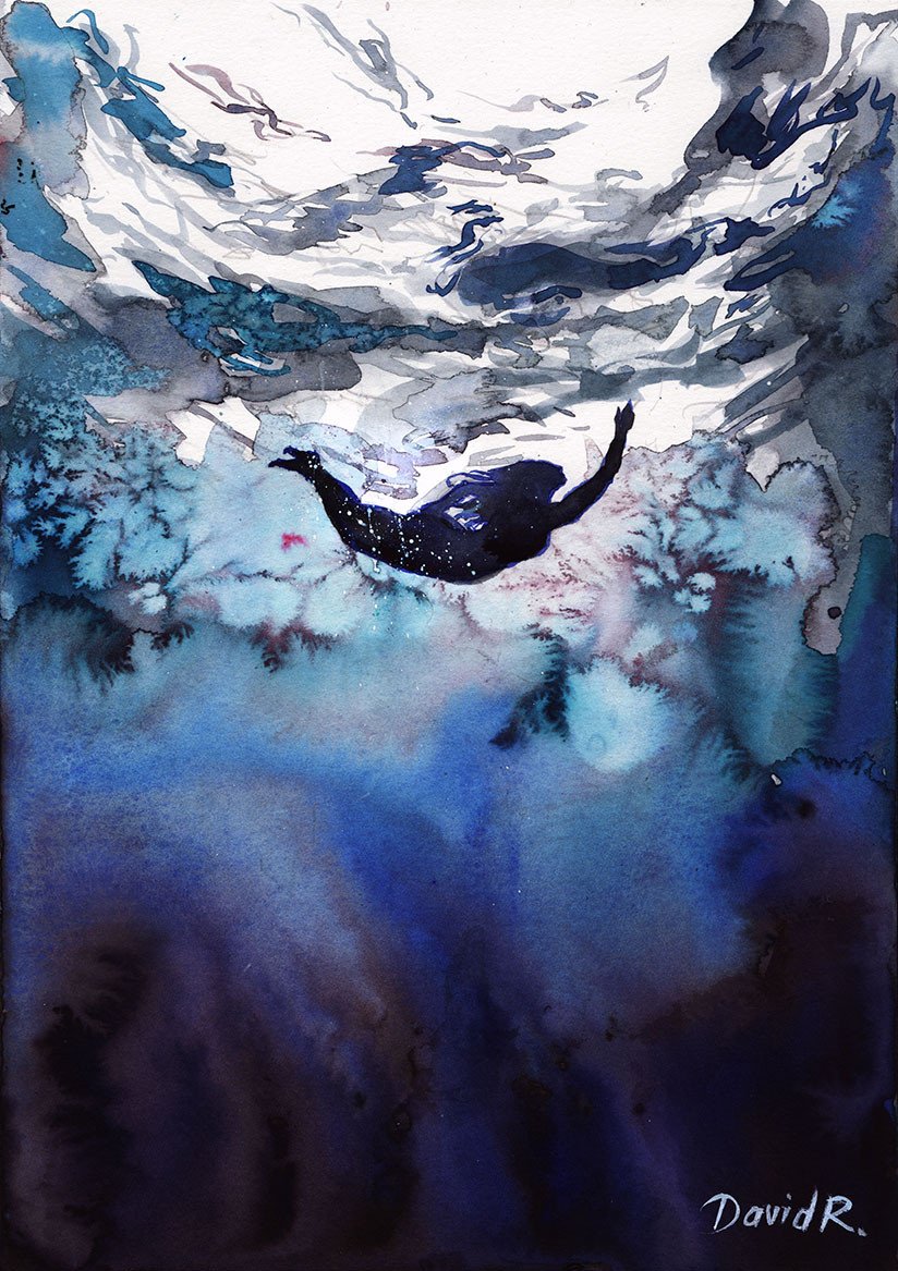 824x1167 138 Of Just Move Underwater Free Diving Painting David Roman Art - Underwater Watercolor Painting