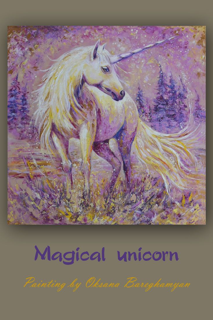 735x1102 Magical Unicorn Painting Purple Gift Gold Pink Wall Art Woodland - Unicorn Oil Painting