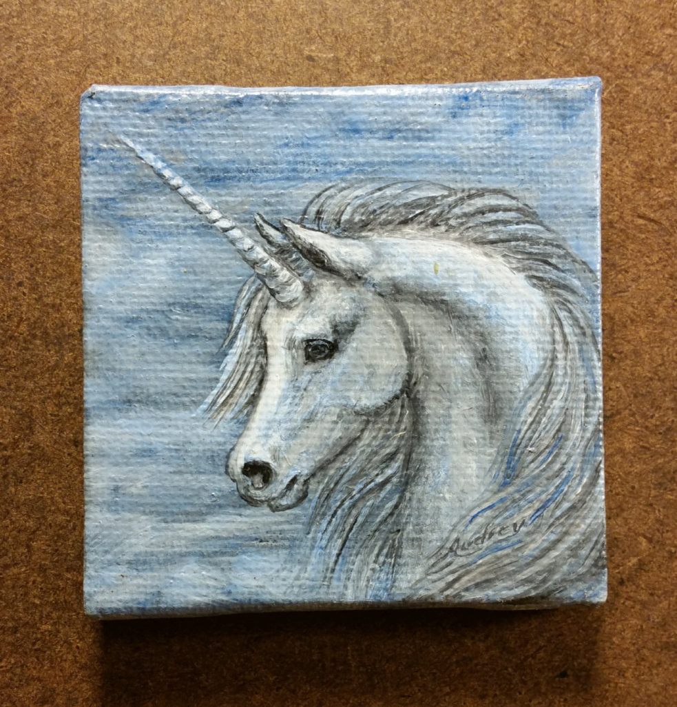 983x1026 White Unicorn Face Original Miniature Oil Painting On Canvas - Unicorn Oil Painting