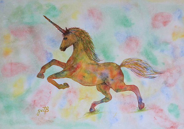 600x422 Rainbow Unicorn In My Garden Original Watercolor Painting Art - Unicorn Watercolor Painting
