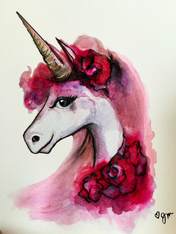 570x760 Pink Unicorn With Roses Art Print Unframed Unicorns - Unicorn Watercolor Painting