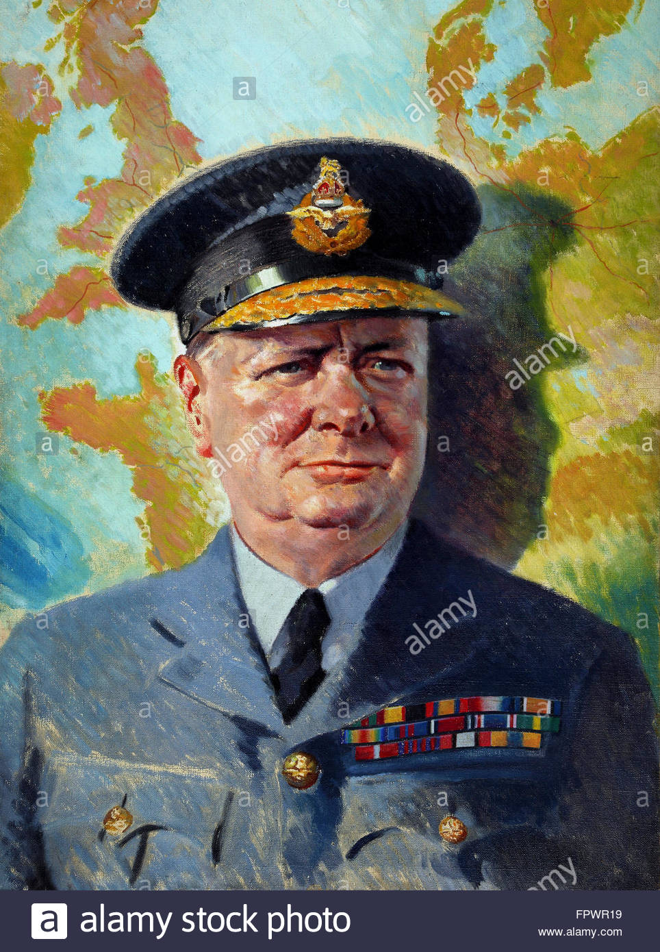 964x1390 Vintage World War Ii Painting Of Winston Churchill Wearing His Raf - Uniform Painting