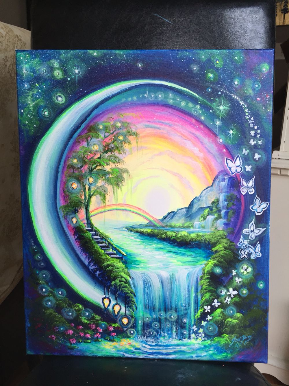1000x1334 Unique Painting Idea, A World In An Orb With Rainbow, Waterfall - Unique Painting