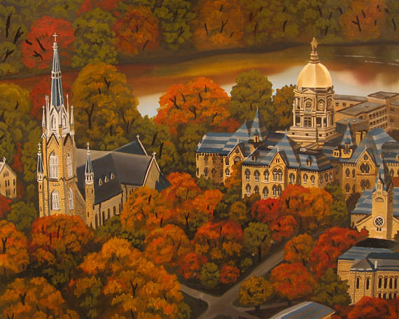 570x456 Notre Dame Art Print Campus Painting Golden Dome Sacred - University Of Notre Dame Painting