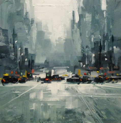 475x486 Cityscape, Tom Brown Contemporary Urban Landscape Original Art - Urban Landscape Painting